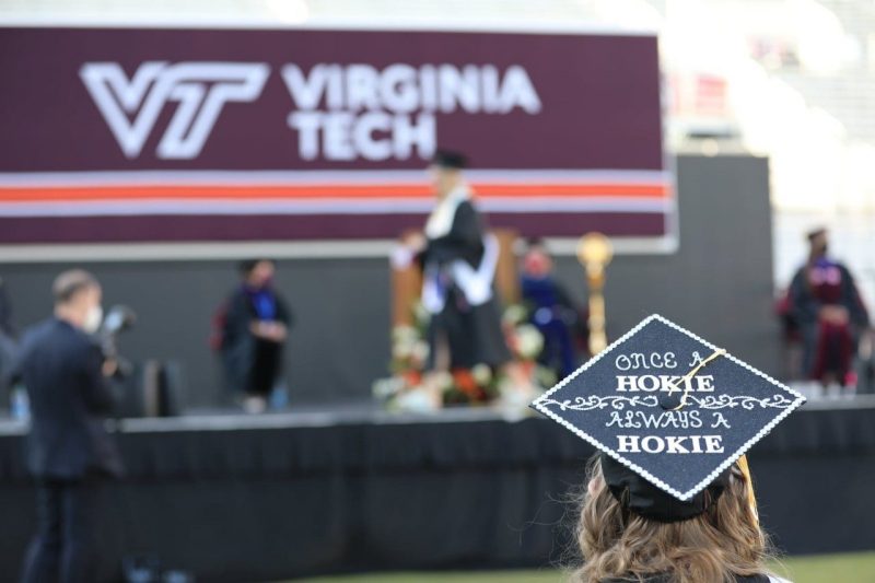  Photo of a graduation cap that says "once a Hokie, always a Hokie". Photo taken by Max Esterhuizen for Virginia Tech.