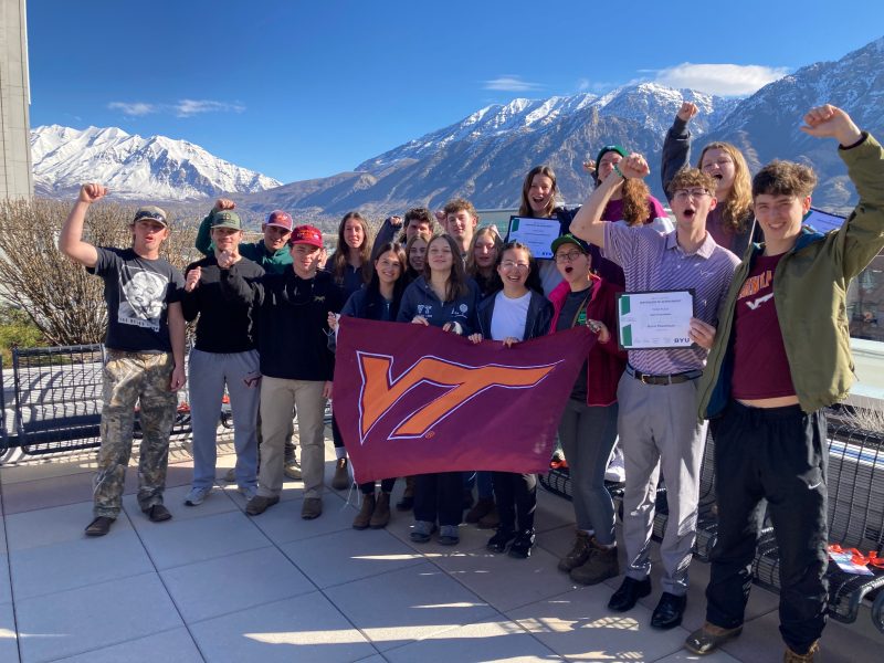The Virginia Tech Landscape Team includes (from left): Forest Beegle, Matthew Keyser, Chase Anderson, Matthew Shackelford , Oliva Lucas-Loushe, Bryn Distler, Andon Greslick, Bethany Hillmann, Ava Lambert, Burke Thompson,  Makena McLaughlin, Leilani Hyatt, Christine Iasso, Hannah Chambers, Isabella Gerena, Kevin Painchaud, Hannah Burton, and Josh Wilson. Photo courtesy of Scott Douglas for Virginia Tech.
